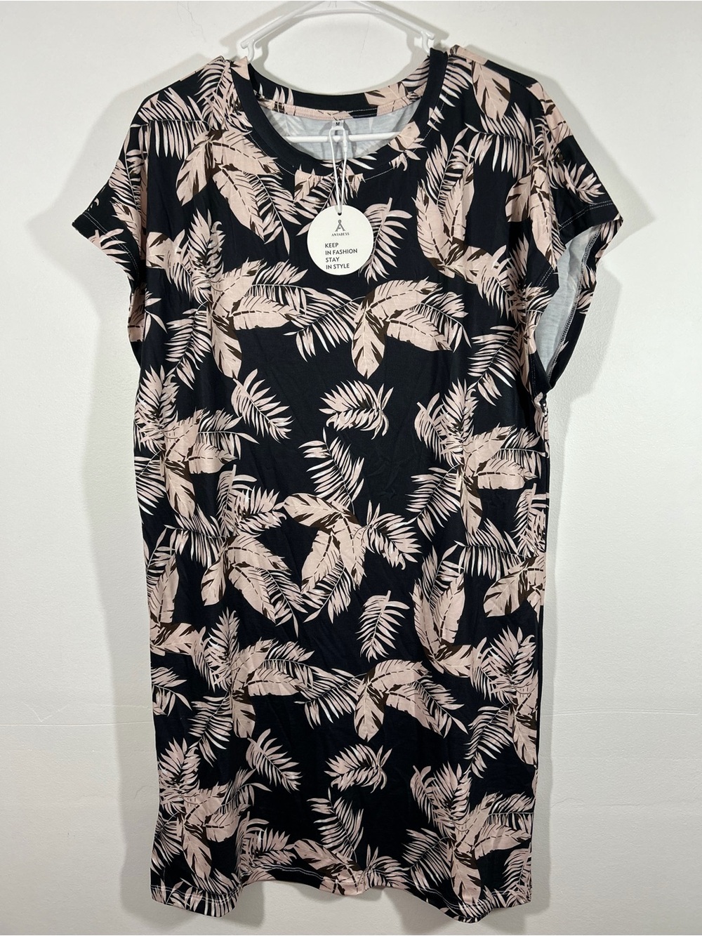 Black Tee Dress with Blush Palm Print